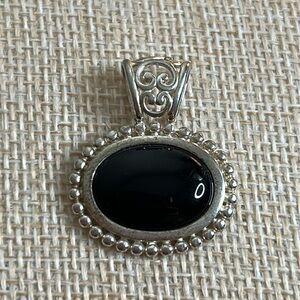 Sterling Silver Onyx Cabochon Oval Beaded Filigree Pendant NV Nevada Ornate 925